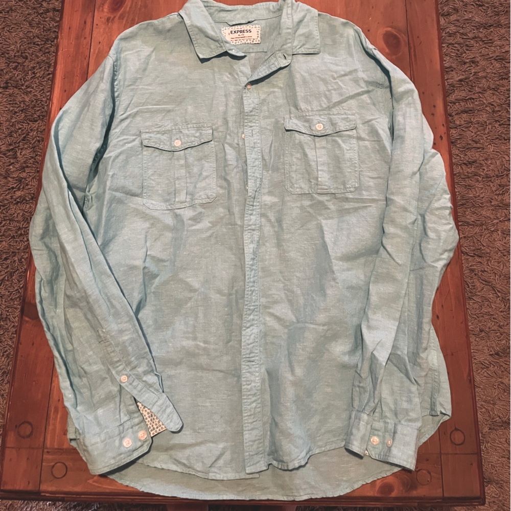 Express Linen Blend Turquoise Button Down Shirt W… - image 2